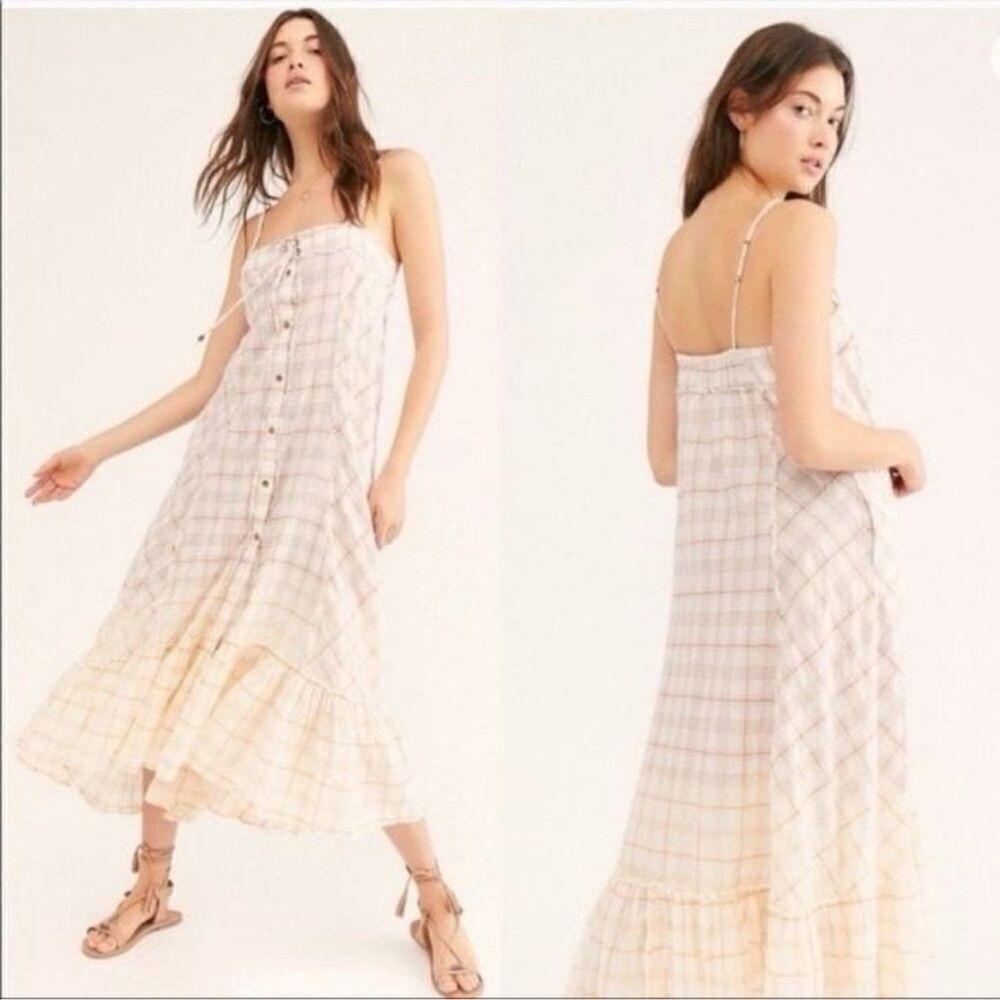 Free People Plaid City Sleeveless Ruffle Lace Up Bodice Maxi Top Dress l